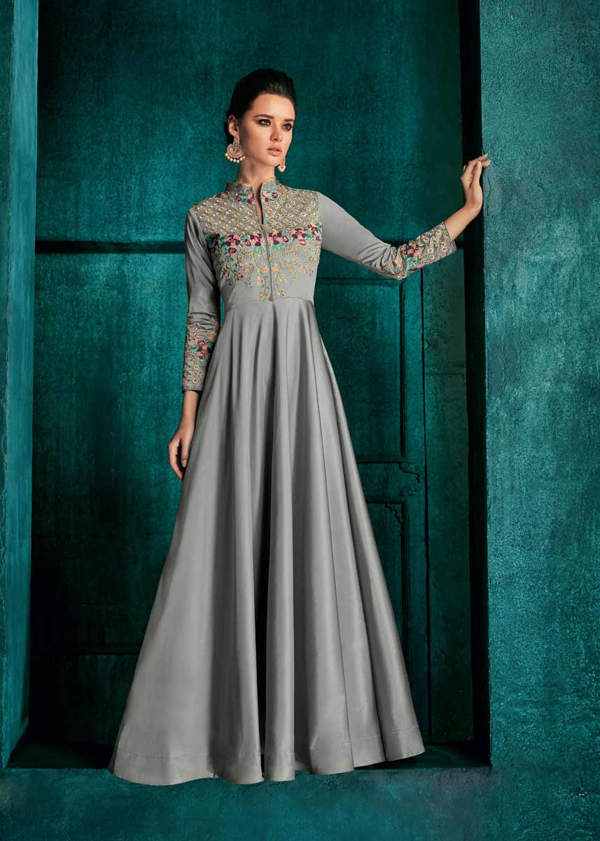 Light Gray Heavy Embroidery Triva Silk Dress | Graceful Three-Quarter Sleeve Gown