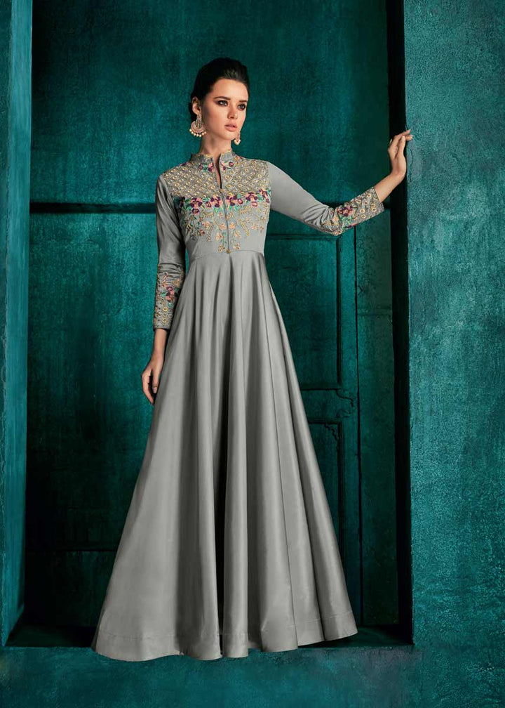 Light Gray Heavy Embroidery Triva Silk Dress | Graceful Three-Quarter Sleeve Gown