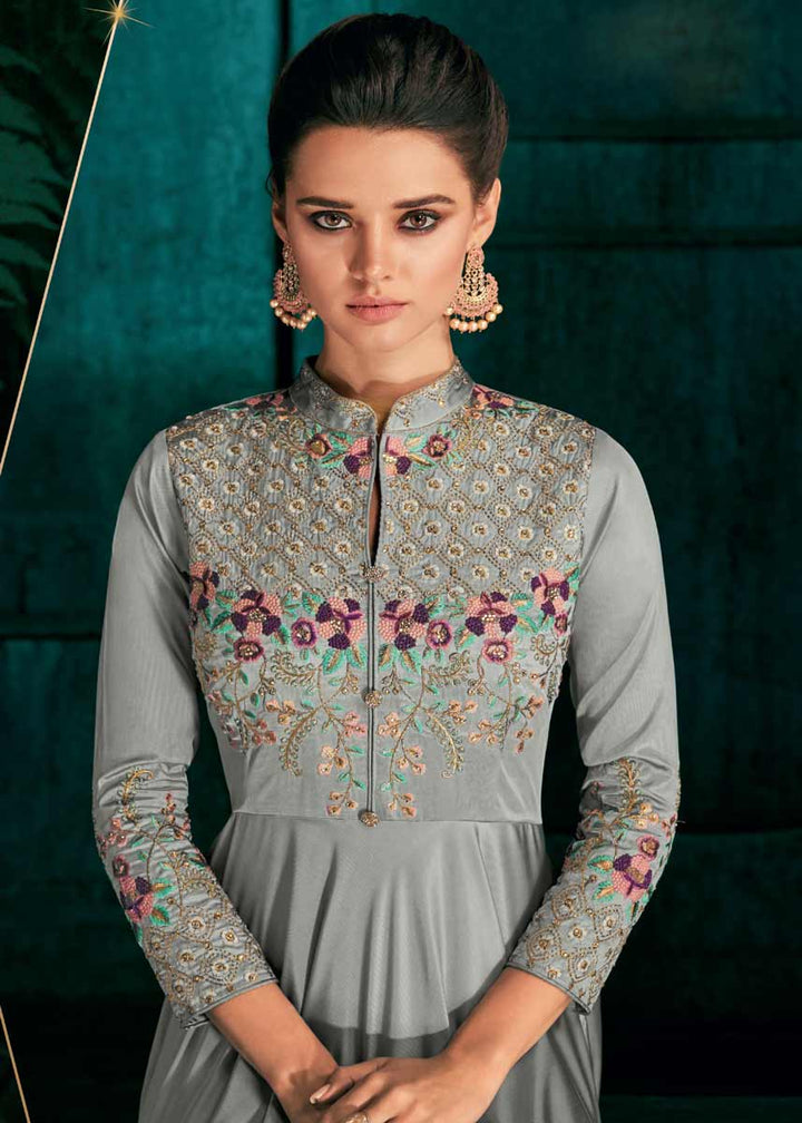 Light Gray Heavy Embroidery Triva Silk Dress | Graceful Three-Quarter Sleeve Gown