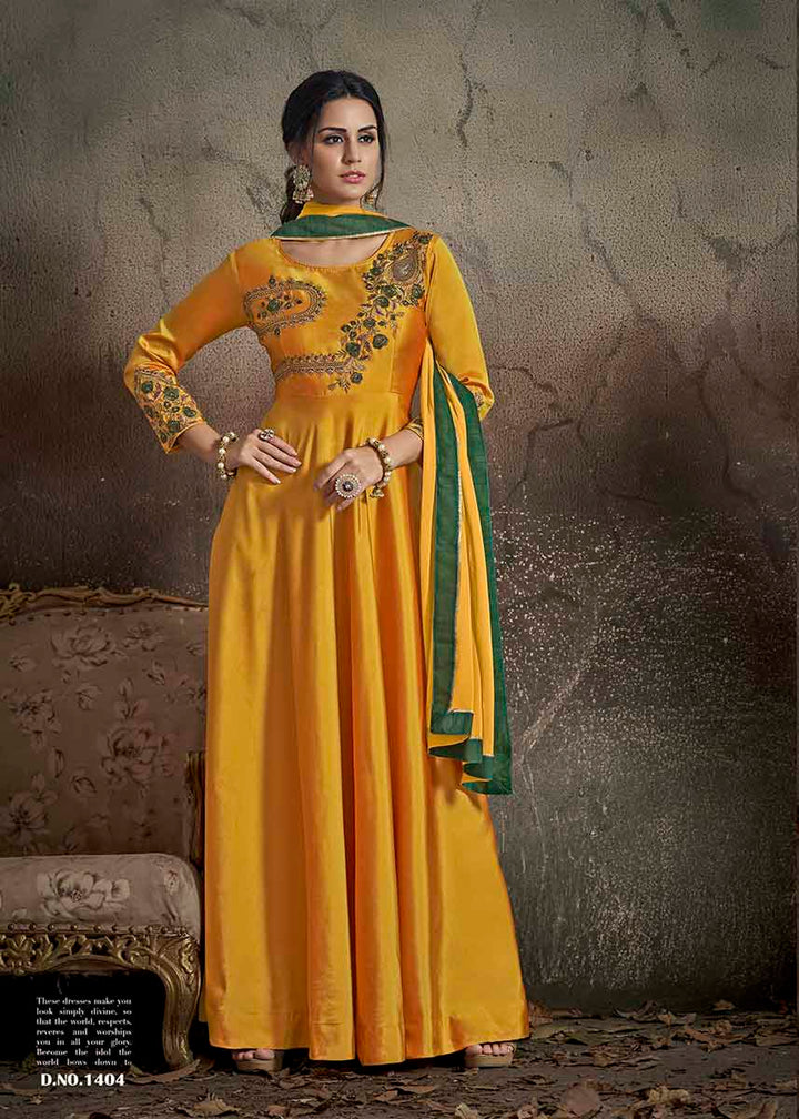 Elegant Yellow Gown | Heavy Embroidery Taffeta Top & Lace-Trimmed Naznin Dupatta