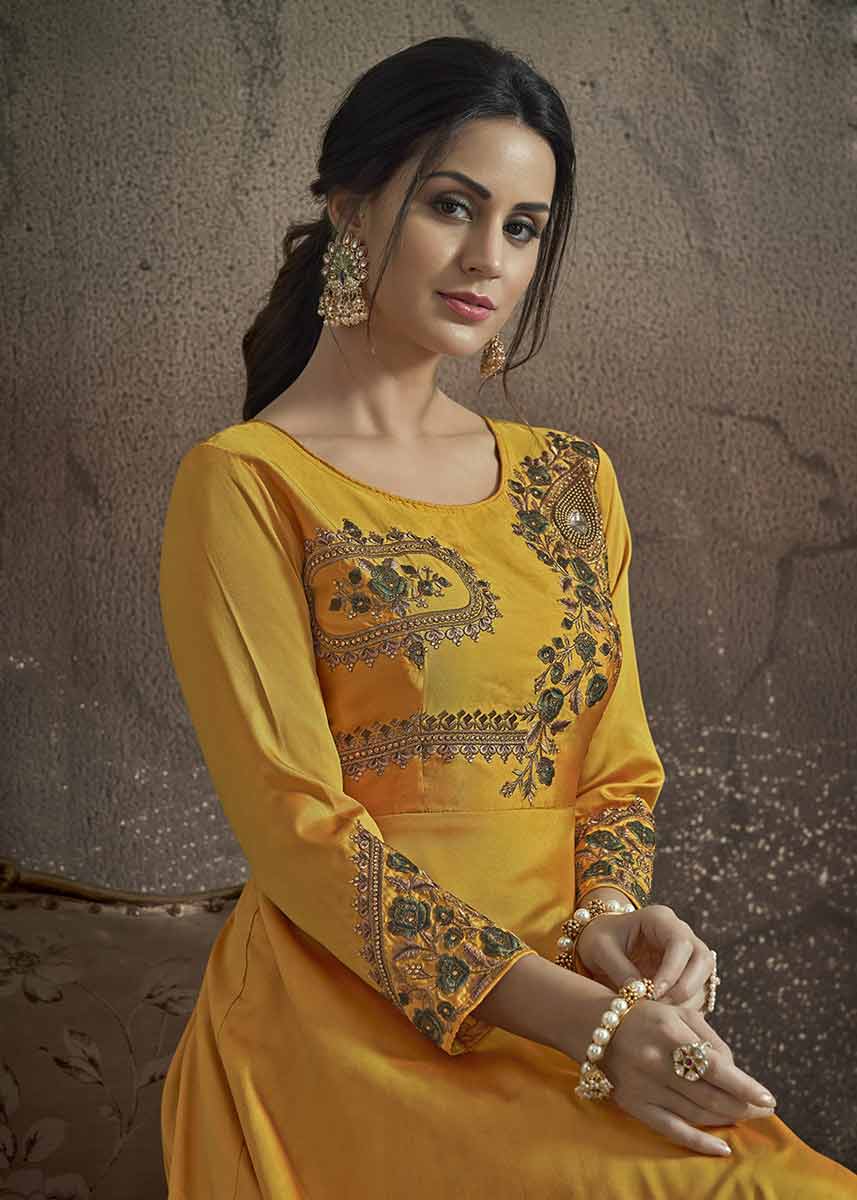 Elegant Yellow Gown | Heavy Embroidery Taffeta Top & Lace-Trimmed Naznin Dupatta