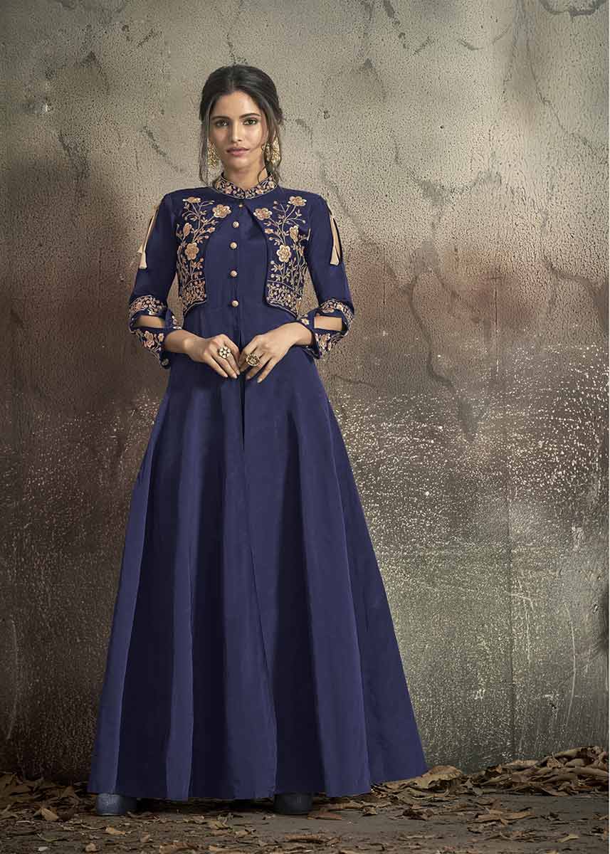 Stunning Blue Taffeta Gown | Stitched Top, Lace & Unstitched Bottom