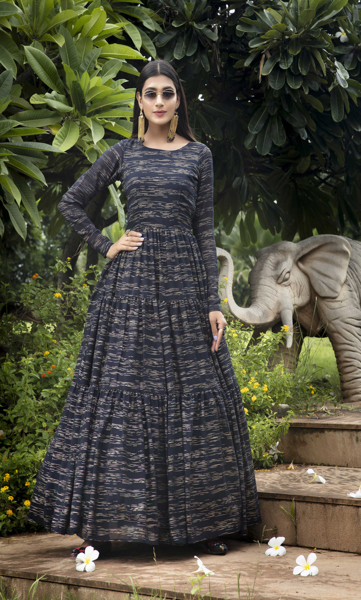 Navy Blue Anarkali Gown | Georgette Fabric with Foil Print for Party Wear