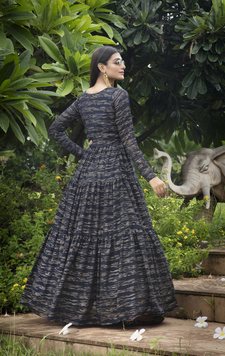 Navy Blue Anarkali Gown | Georgette Fabric with Foil Print for Party Wear