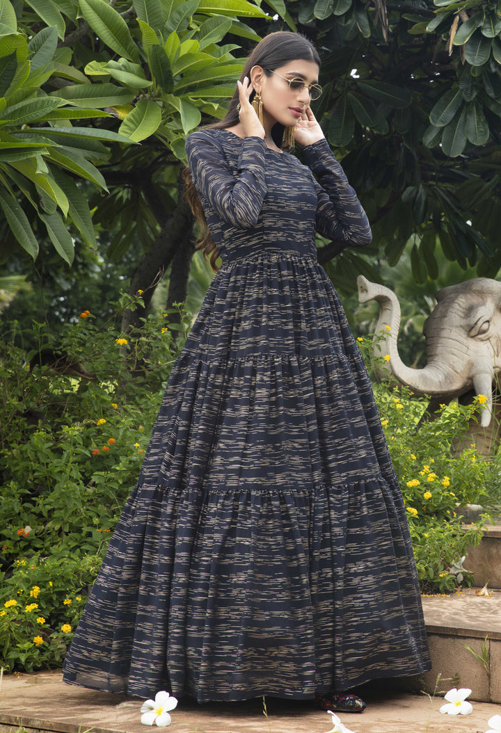 Navy Blue Anarkali Gown | Georgette Fabric with Foil Print for Party Wear