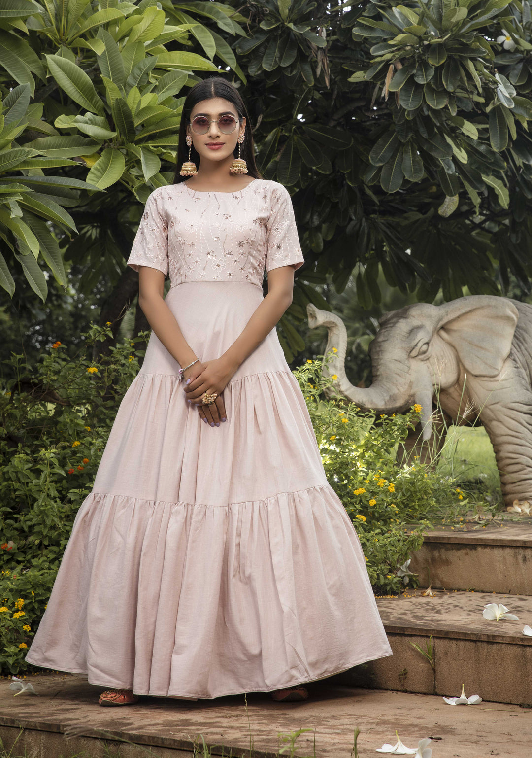 Designer Dusty Pink Anarkali Gown | Cotton with Sequin Embroidery for Parties