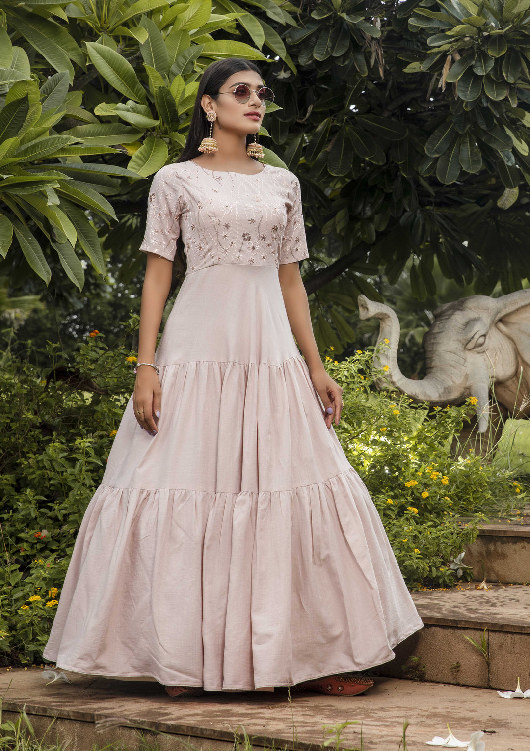 Designer Dusty Pink Anarkali Gown | Cotton with Sequin Embroidery for Parties