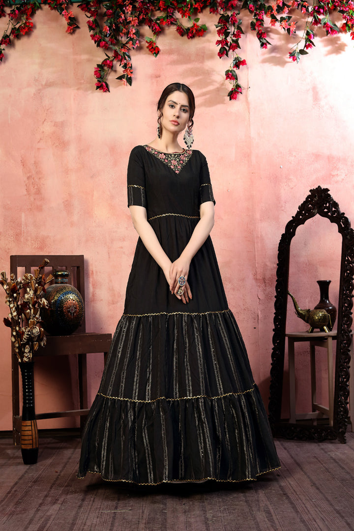 Stunning Black Silk Dress | Elbow Sleeve with Zari Sequins Details