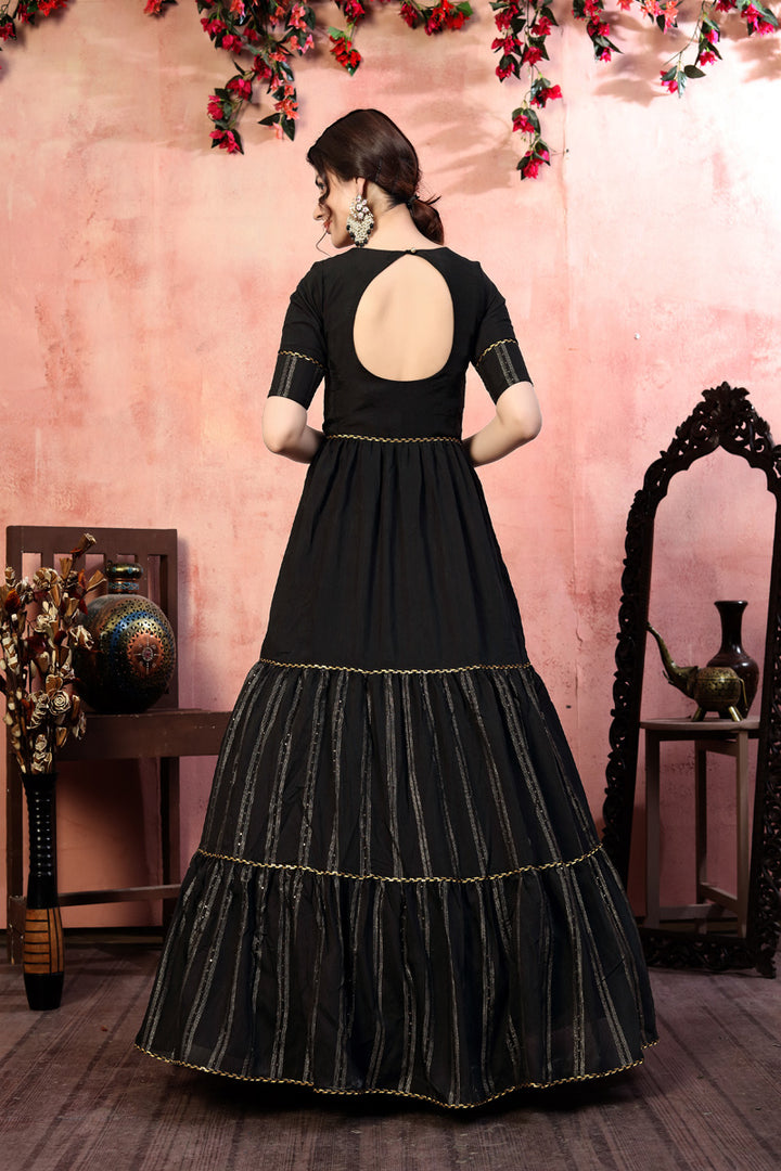 Stunning Black Silk Dress | Elbow Sleeve with Zari Sequins Details