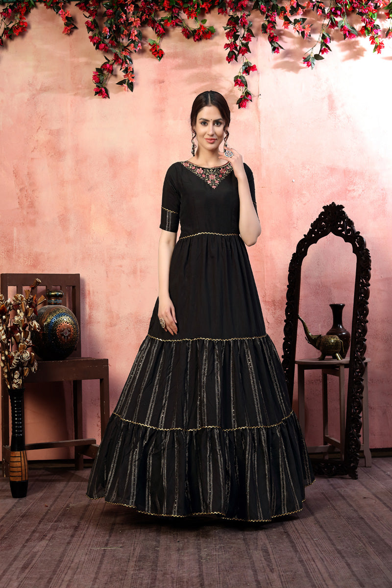 Stunning Black Silk Dress | Elbow Sleeve with Zari Sequins Details