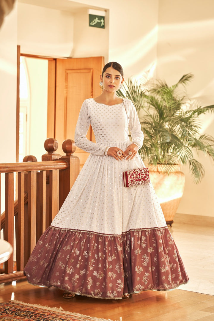 Stylish White Georgette Dress | Full-Sleeve with Metallic Foil