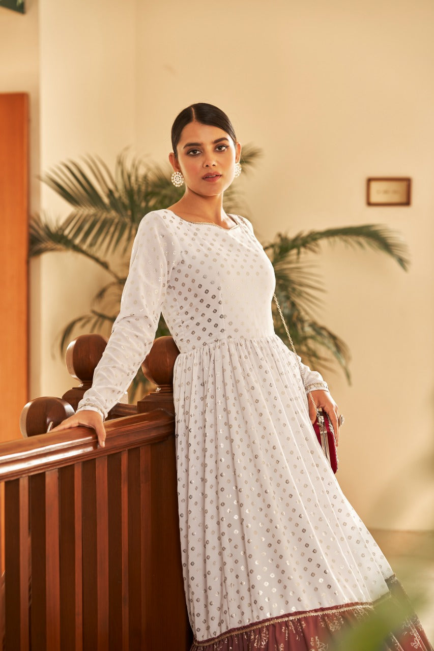 Stylish White Georgette Dress | Full-Sleeve with Metallic Foil