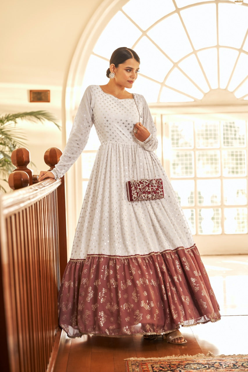 Stylish White Georgette Dress | Full-Sleeve with Metallic Foil