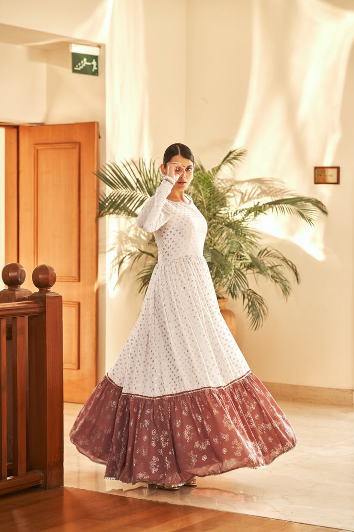 Stylish White Georgette Dress | Full-Sleeve with Metallic Foil