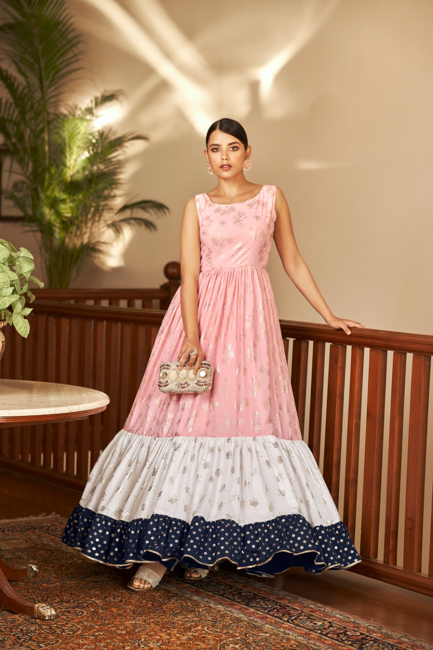 Stylish Pink Georgette Sleeveless Dress | Foil Work for Elegance