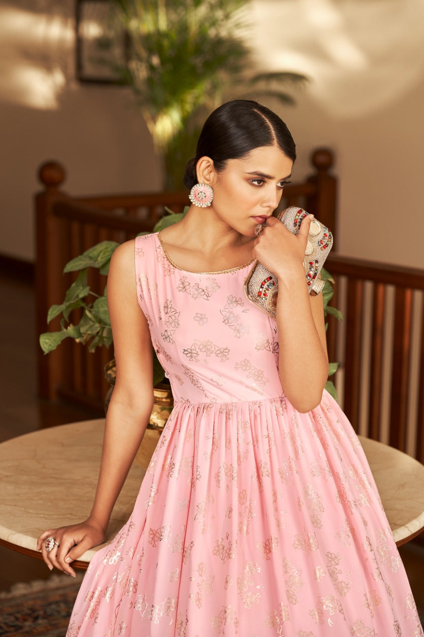 Stylish Pink Georgette Sleeveless Dress | Foil Work for Elegance