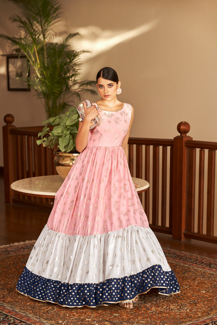 Stylish Pink Georgette Sleeveless Dress | Foil Work for Elegance