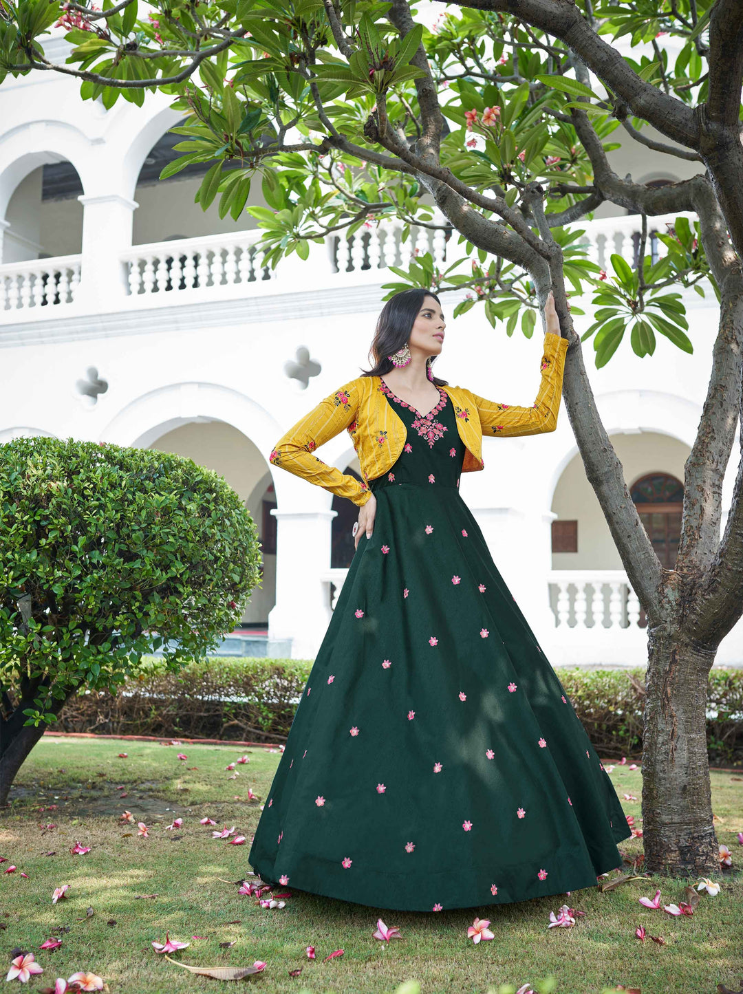 Green Cotton Gown with Koti | Embroidered Sequins and Thread Work