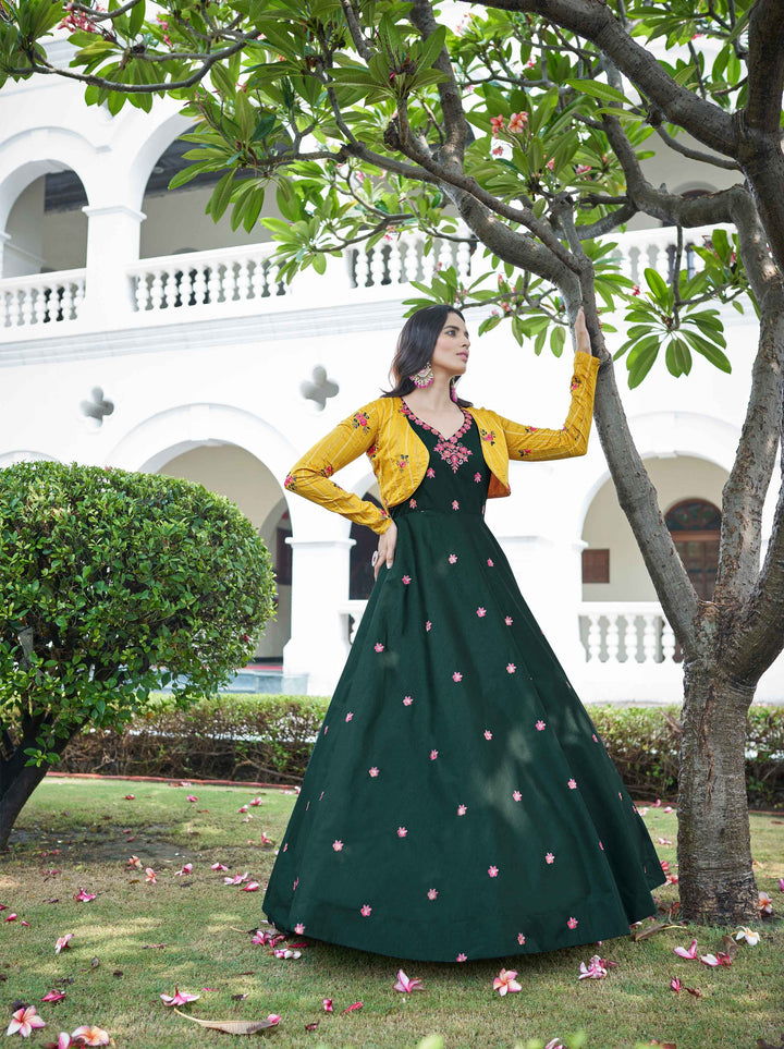 Green Cotton Gown with Koti | Embroidered Sequins and Thread Work