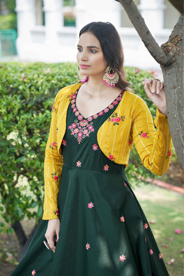 Green Cotton Gown with Koti | Embroidered Sequins and Thread Work