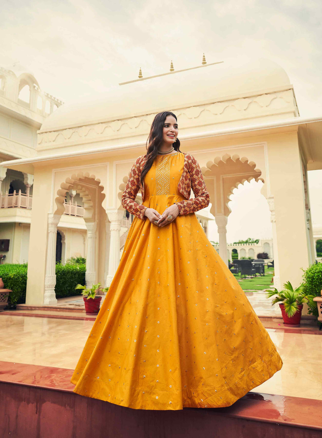 Mustard  Traditional Embroidered Cotton Gown | Party Wear Outfit with Koti