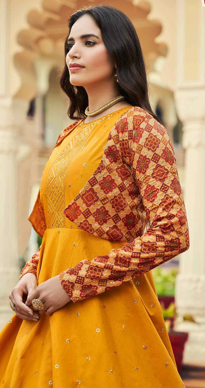 Mustard  Traditional Embroidered Cotton Gown | Party Wear Outfit with Koti