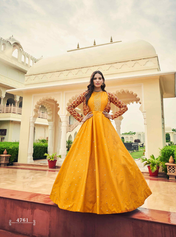 Mustard  Traditional Embroidered Cotton Gown | Party Wear Outfit with Koti