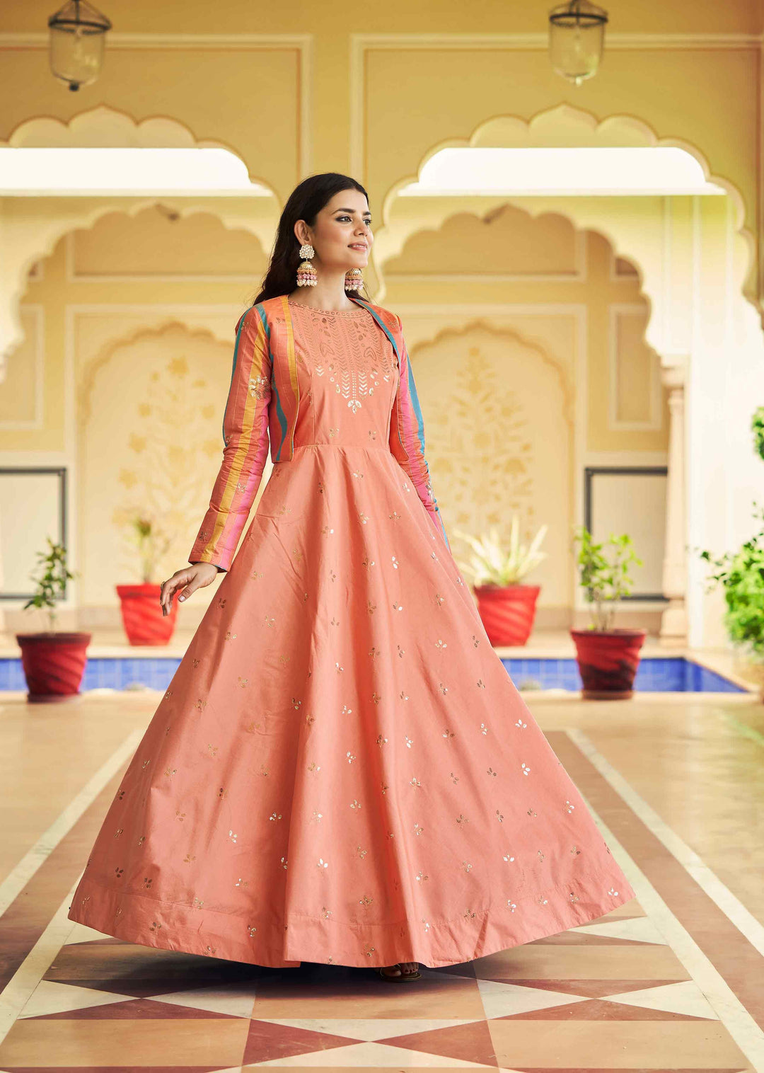 Peach Wedding-Ready Gown | Cotton Fabric with Traditional Sequined Embroidery