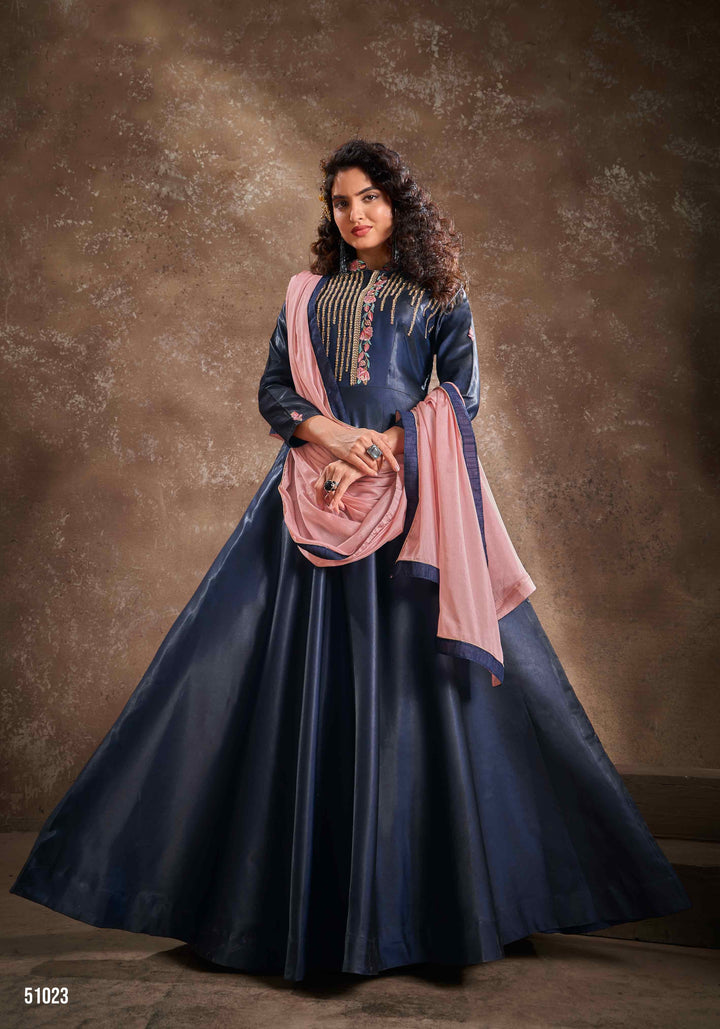 Traditional Navy Blue Gown | Embroidered Lace & Silk Finish