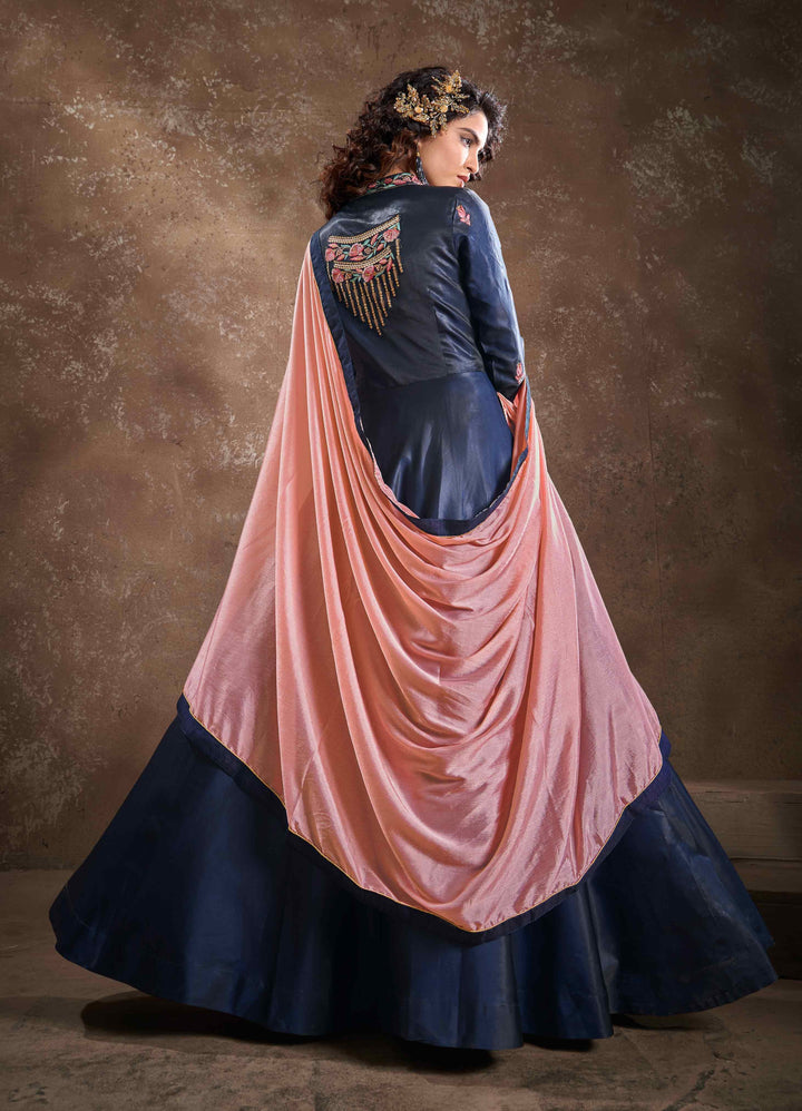 Traditional Navy Blue Gown | Embroidered Lace & Silk Finish