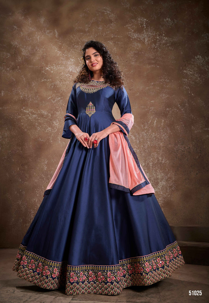 Luxurious Blue Gown | Chinon Dupatta with Fine Lace Work