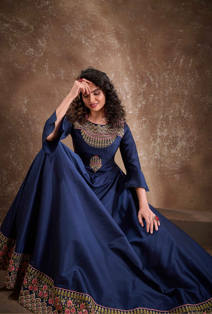 Luxurious Blue Gown | Chinon Dupatta with Fine Lace Work