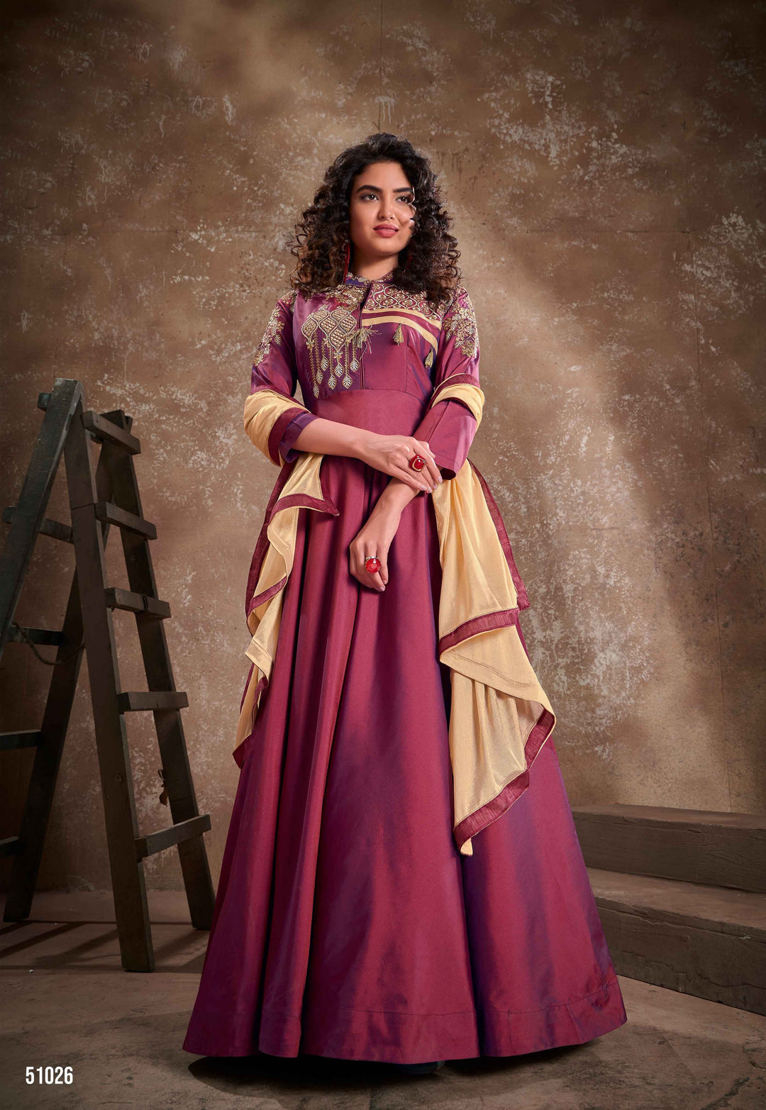 Heavy Embroidery Wine Gown | Traditional Ceremonial Dupatta with Lace Work