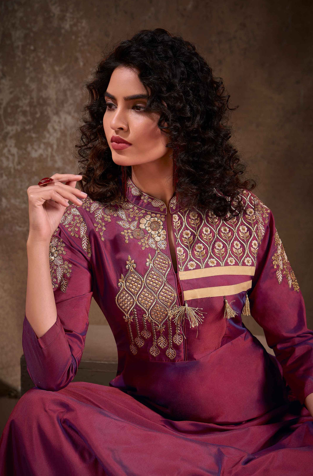 Heavy Embroidery Wine Gown | Traditional Ceremonial Dupatta with Lace Work