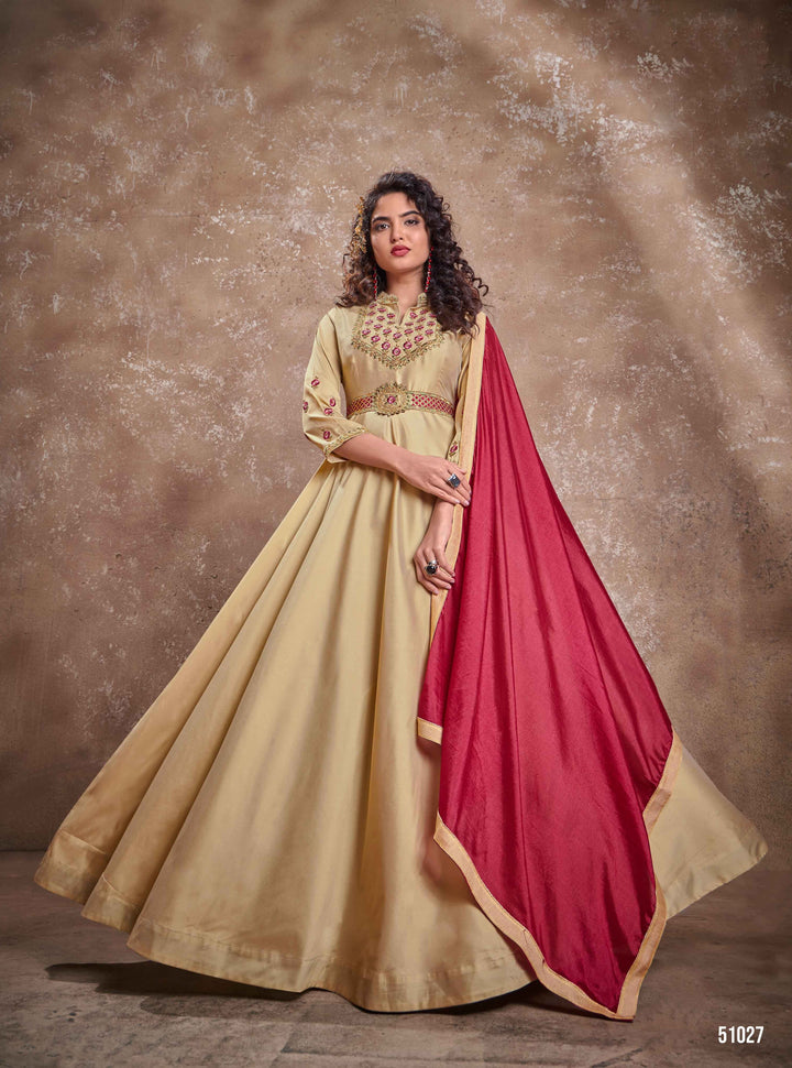 Designer Beige Gown with Dupatta | Heavy Embroidery and Lace for Festive Look