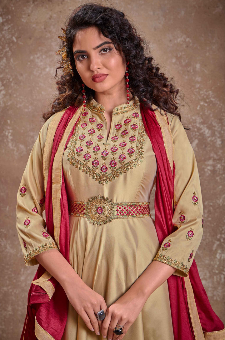 Designer Beige Gown with Dupatta | Heavy Embroidery and Lace for Festive Look