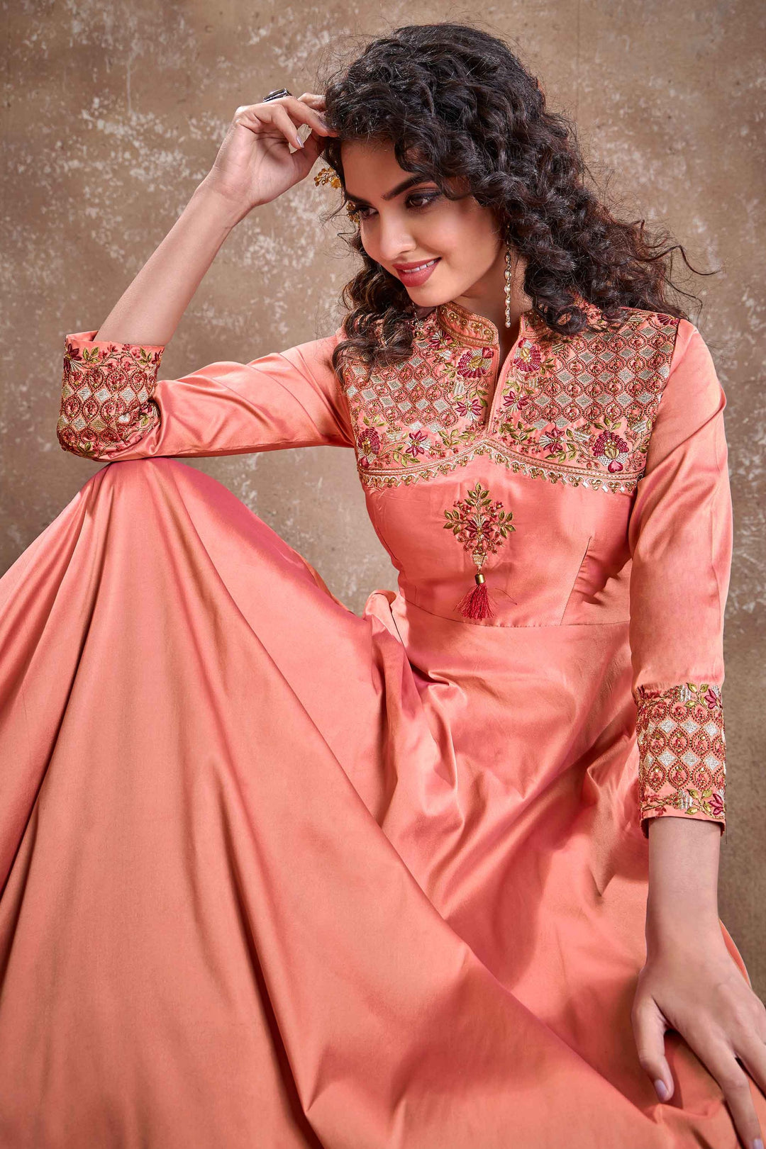 Beautiful Peach Gown | Heavy Embroidery & Lace Work with Dupatta