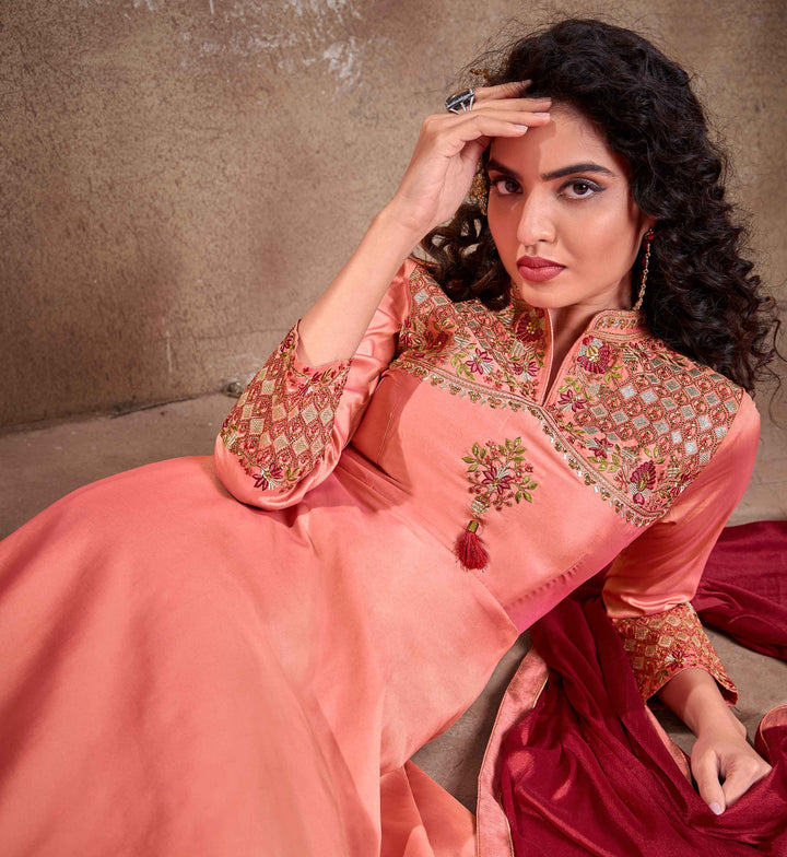 Beautiful Peach Gown | Heavy Embroidery & Lace Work with Dupatta