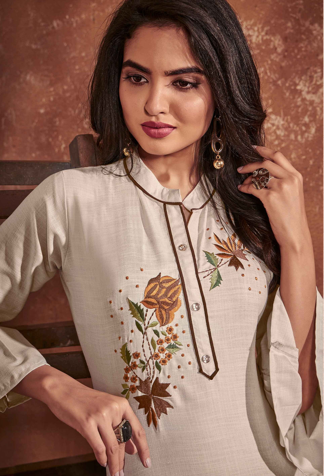 Beige Embroidered Kurti | Elegant Festive Cotton Kurti for Women