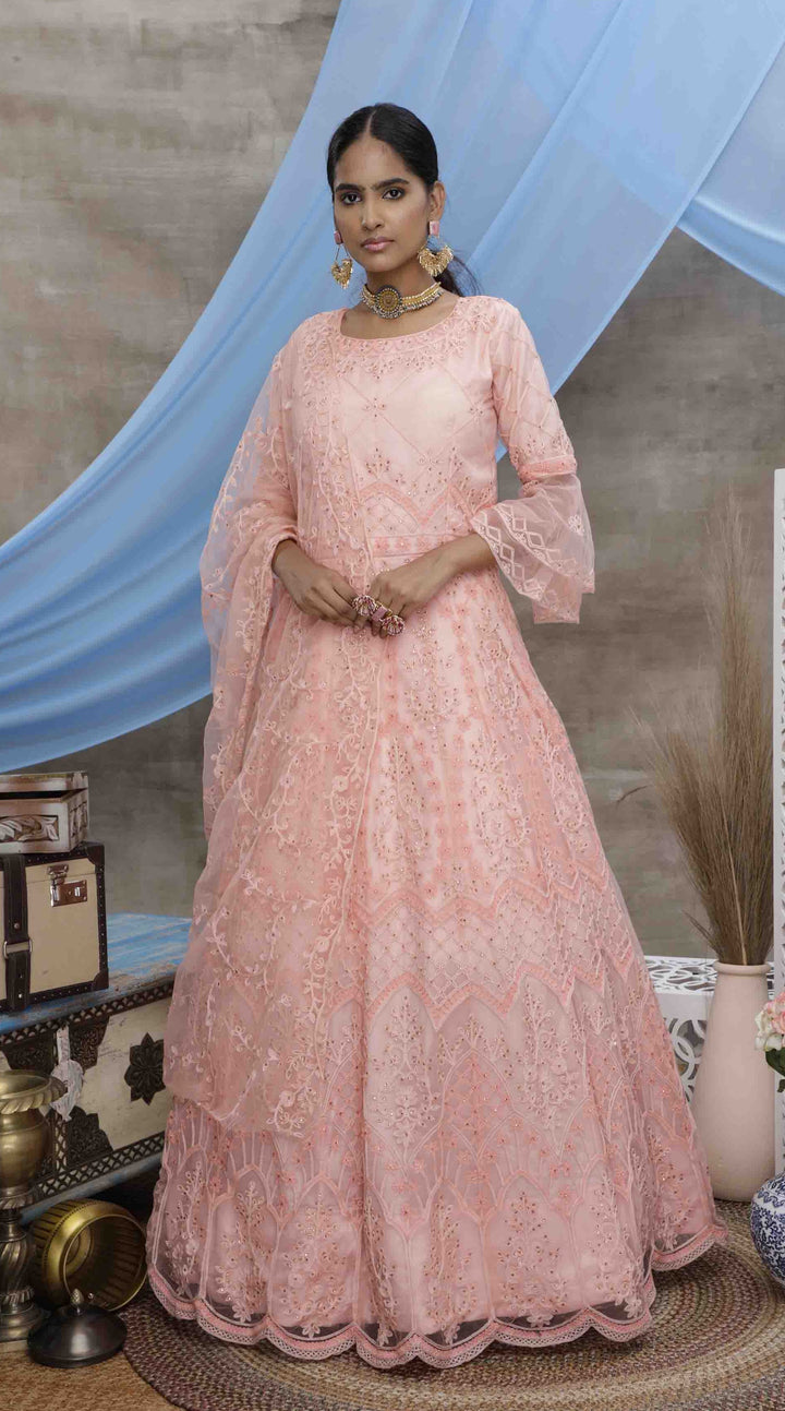 Peach Net Anarkali Gown | Multi-Thread Embroidery with Stone For festive occasions