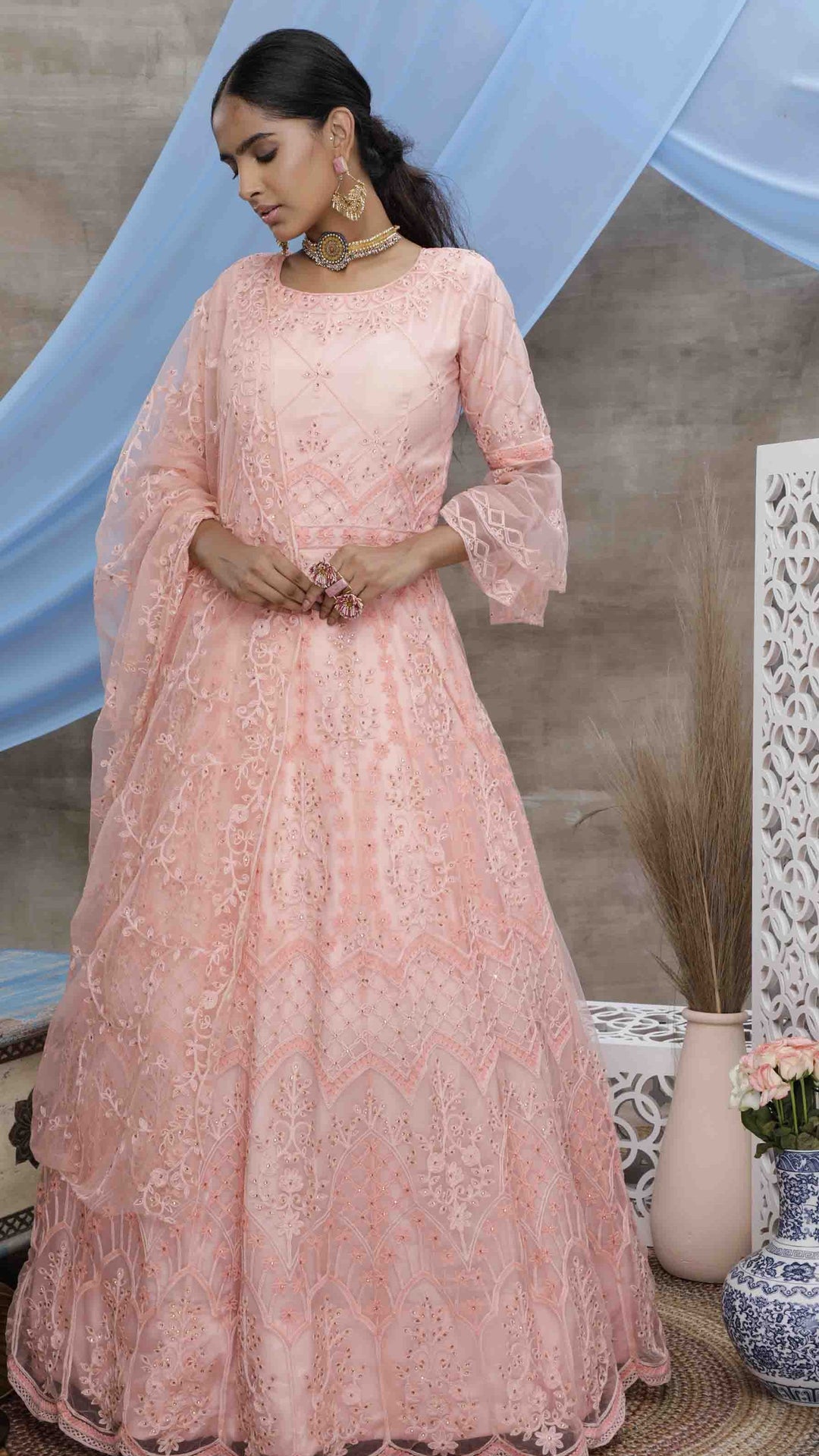 Peach Net Anarkali Gown | Multi-Thread Embroidery with Stone For festive occasions