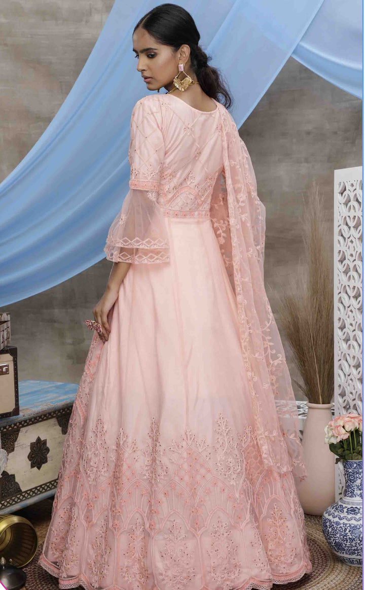 Peach Net Anarkali Gown | Multi-Thread Embroidery with Stone For festive occasions