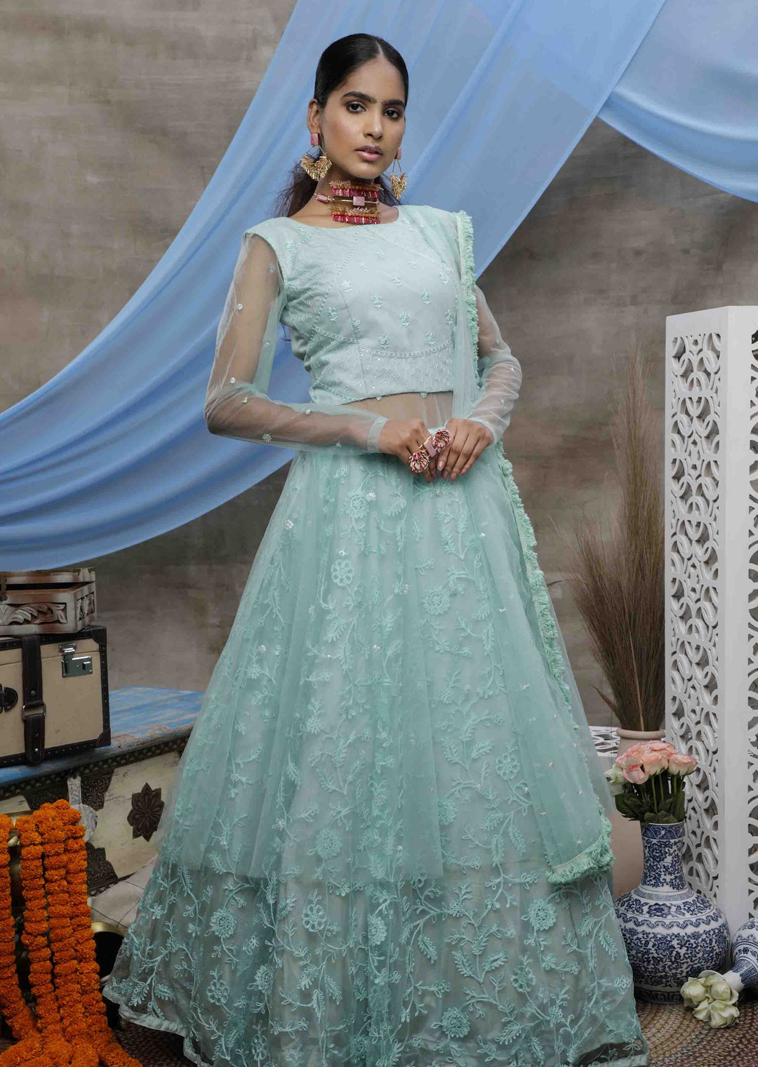 Sea Green Net Lehenga Gown | Thread & Sequin Embroidery with Stone Pasting