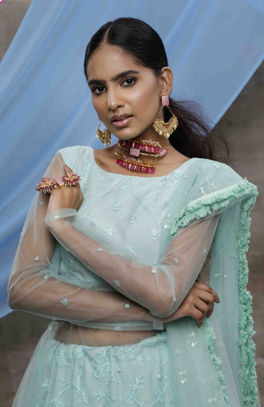 Sea Green Net Lehenga Gown | Thread & Sequin Embroidery with Stone Pasting