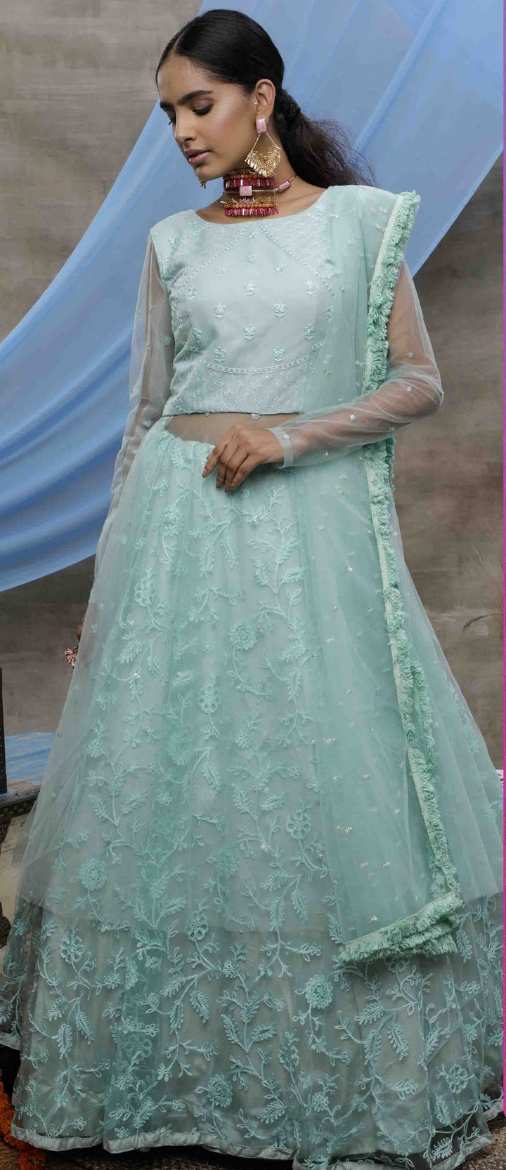 Sea Green Net Lehenga Gown | Thread & Sequin Embroidery with Stone Pasting