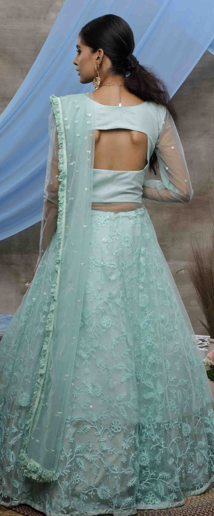 Sea Green Net Lehenga Gown | Thread & Sequin Embroidery with Stone Pasting