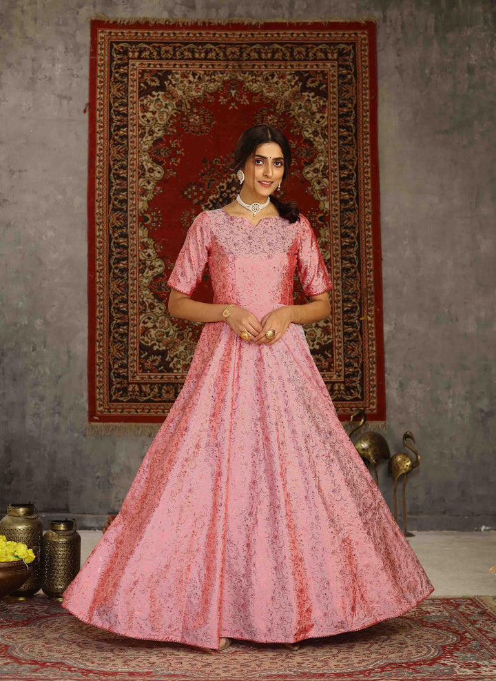 Pink Taffeta Anarkali Gown | Metallic Foil Work Party Wear Designer Gown