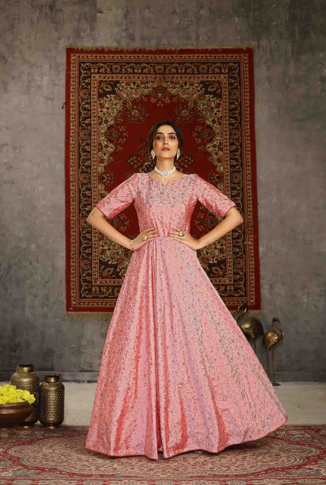 Pink Taffeta Anarkali Gown | Metallic Foil Work Party Wear Designer Gown