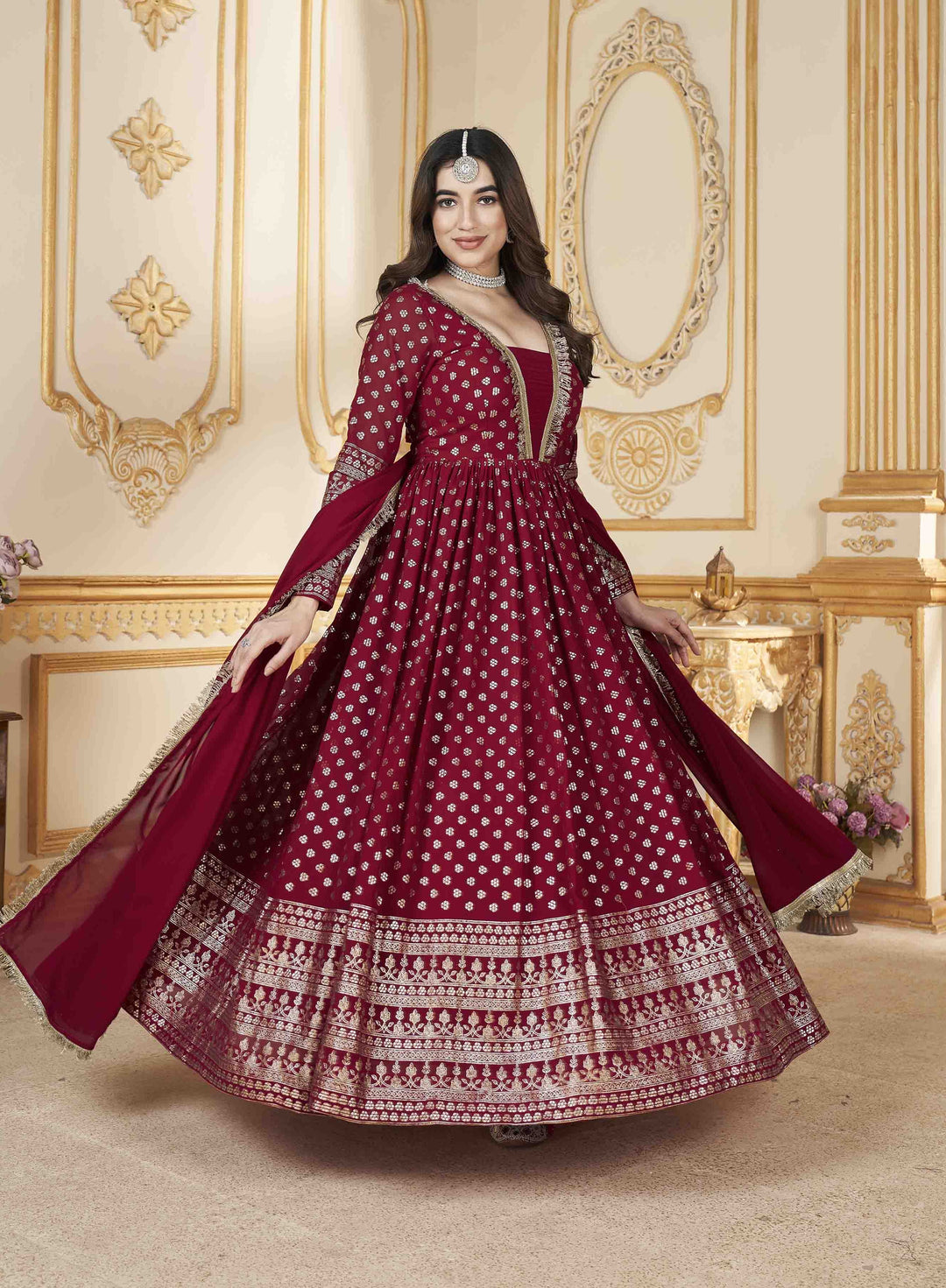 Faux Georgette Red Anarkali Gown | Metallic Foil Work & Lace Border for Weddings