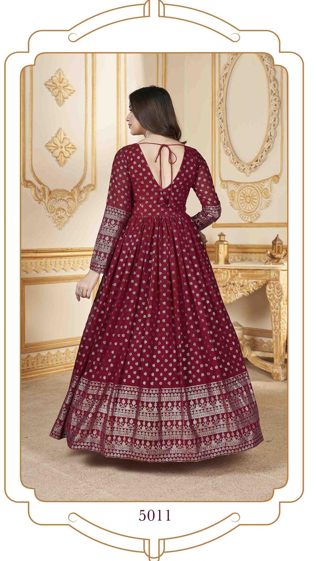 Faux Georgette Red Anarkali Gown | Metallic Foil Work & Lace Border for Weddings